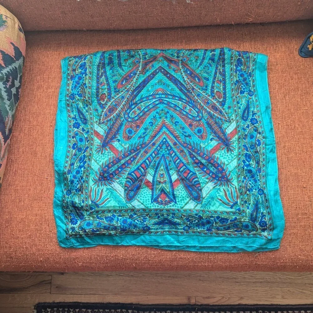 Vintage Silk Scarf‎ Paisley MCM Indian Long Wrap Headband Boho Feathers Festival
